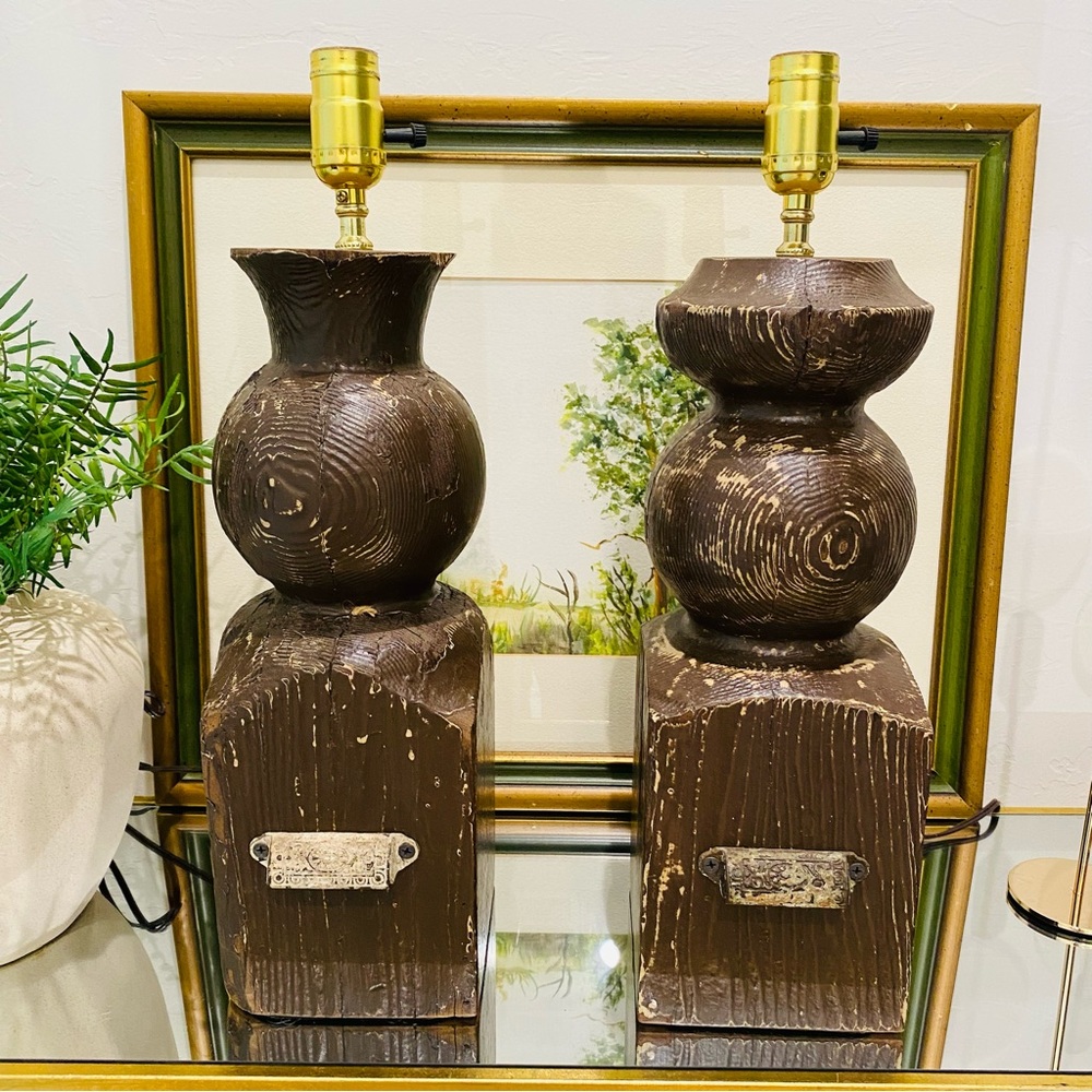 Table Lamps Set Of 2 Hand Turned Restoration Solid Wood W Hardware OOAK Brown